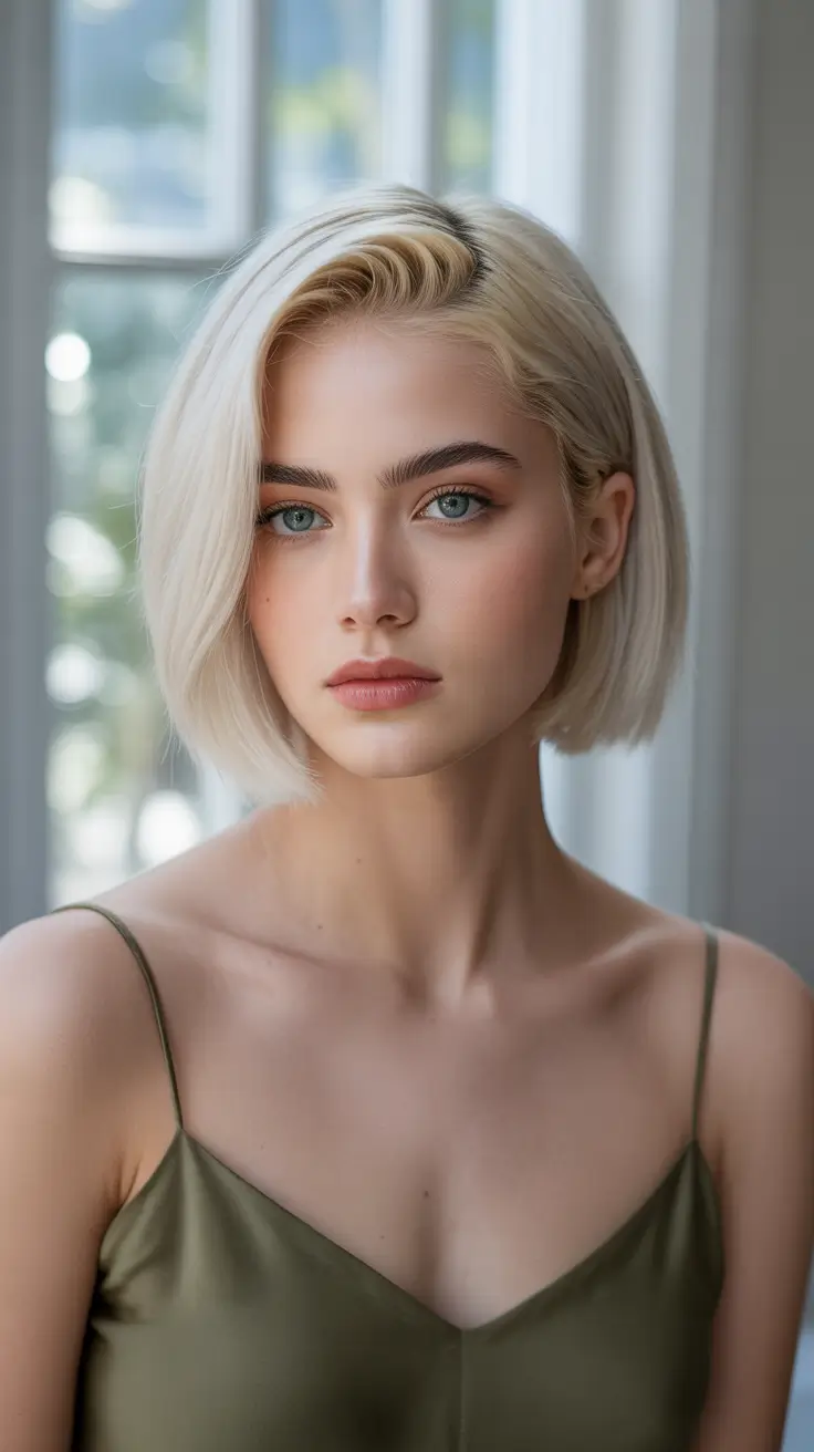 Bob haircut inspiration 2026 Icy Blonde Minimal Bob With Softly Pushed Back Fringe