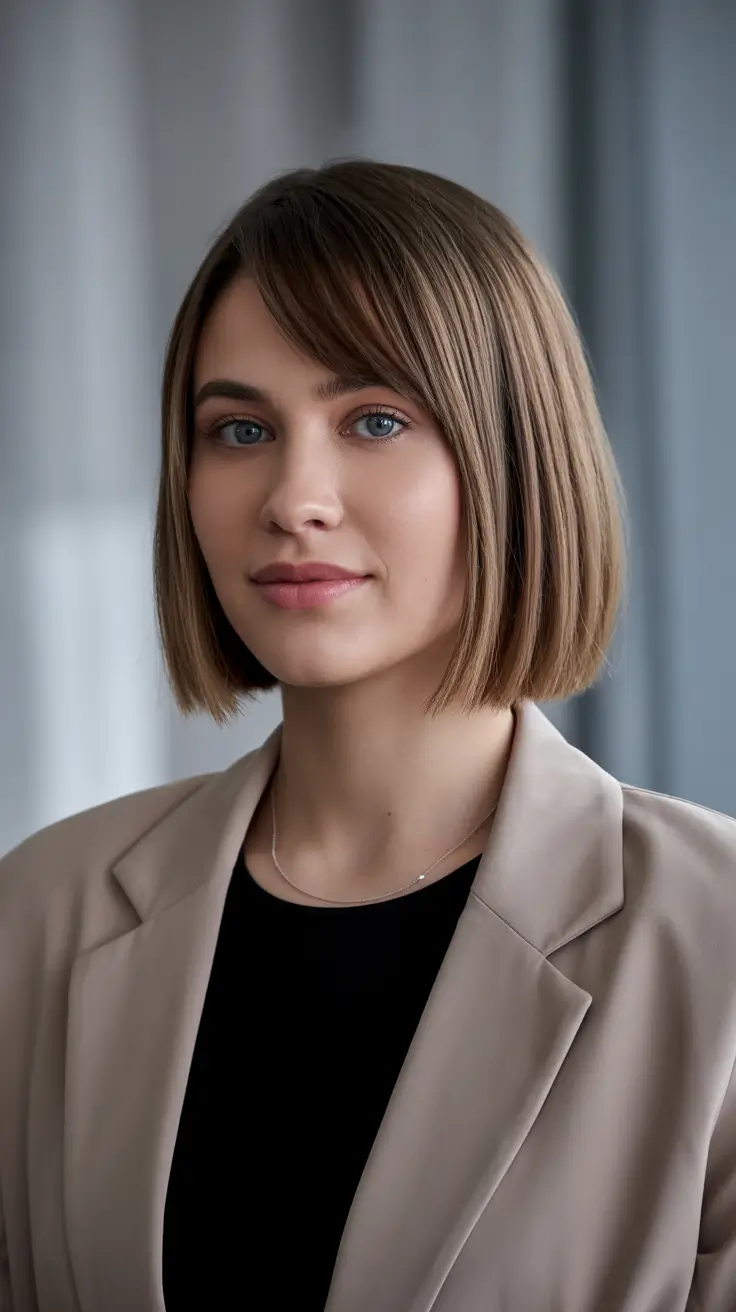 Bob haircut inspiration 2026 Classic Beige-Brown Bob With Side-Swept Fringe