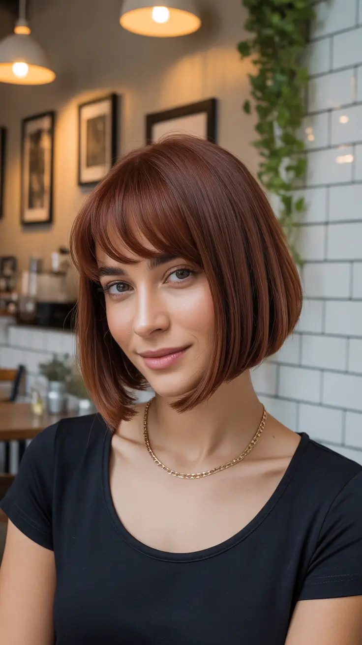 Bob haircut inspiration 2026 Copper Gloss Bob With Light Baby Bangs