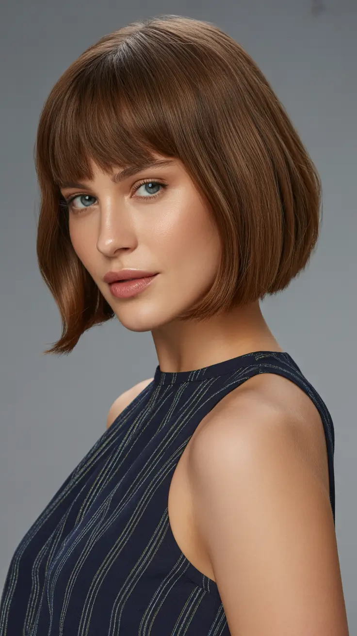 Bob haircut inspiration 2026 Rounded Hazel-Brown Bob With Soft Full Fringe