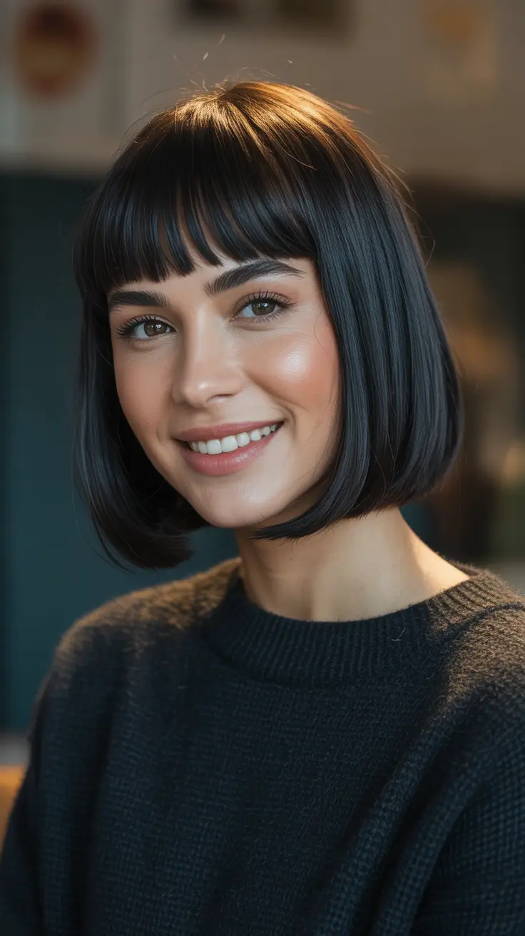 bob-hairstyles-2026-Classic-Black-Bob-With-Soft-Full-Fringe