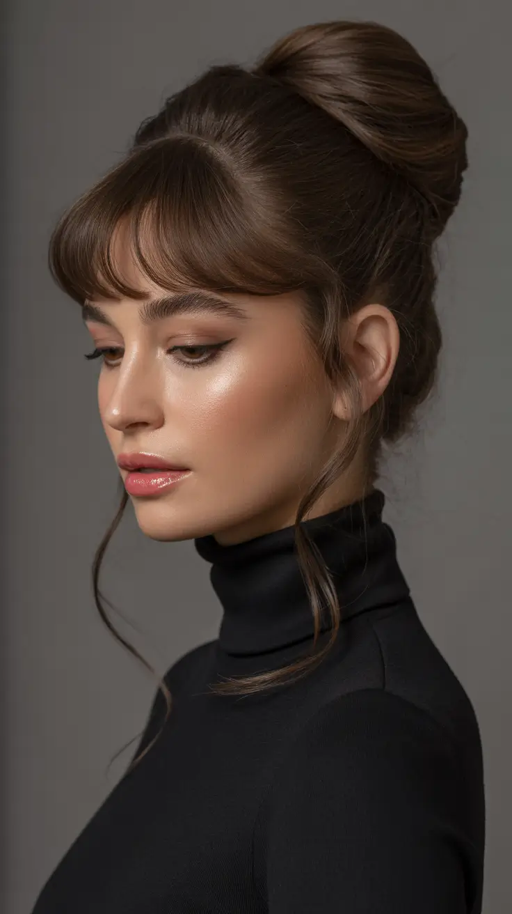 Polished High Bun With Full Fringe Soft Strands 14