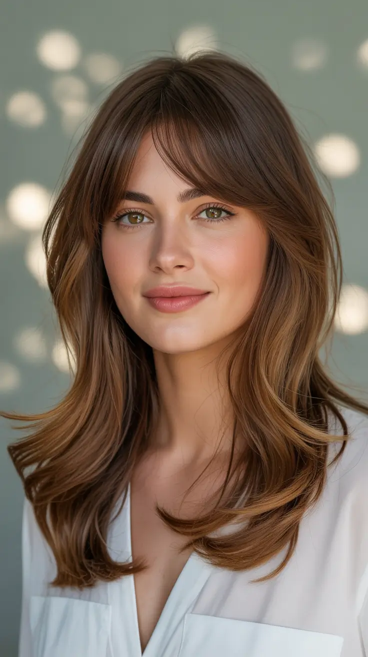 Butterfly haircut inspiration 2026 Timeless Brunette Layers with Bangs