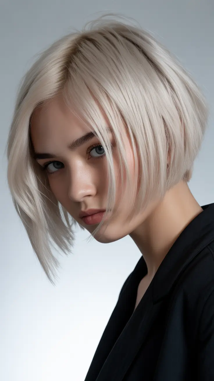 Choppy bob haircut inspiration 2026 - Platinum Angled Bob with Sleek Finish