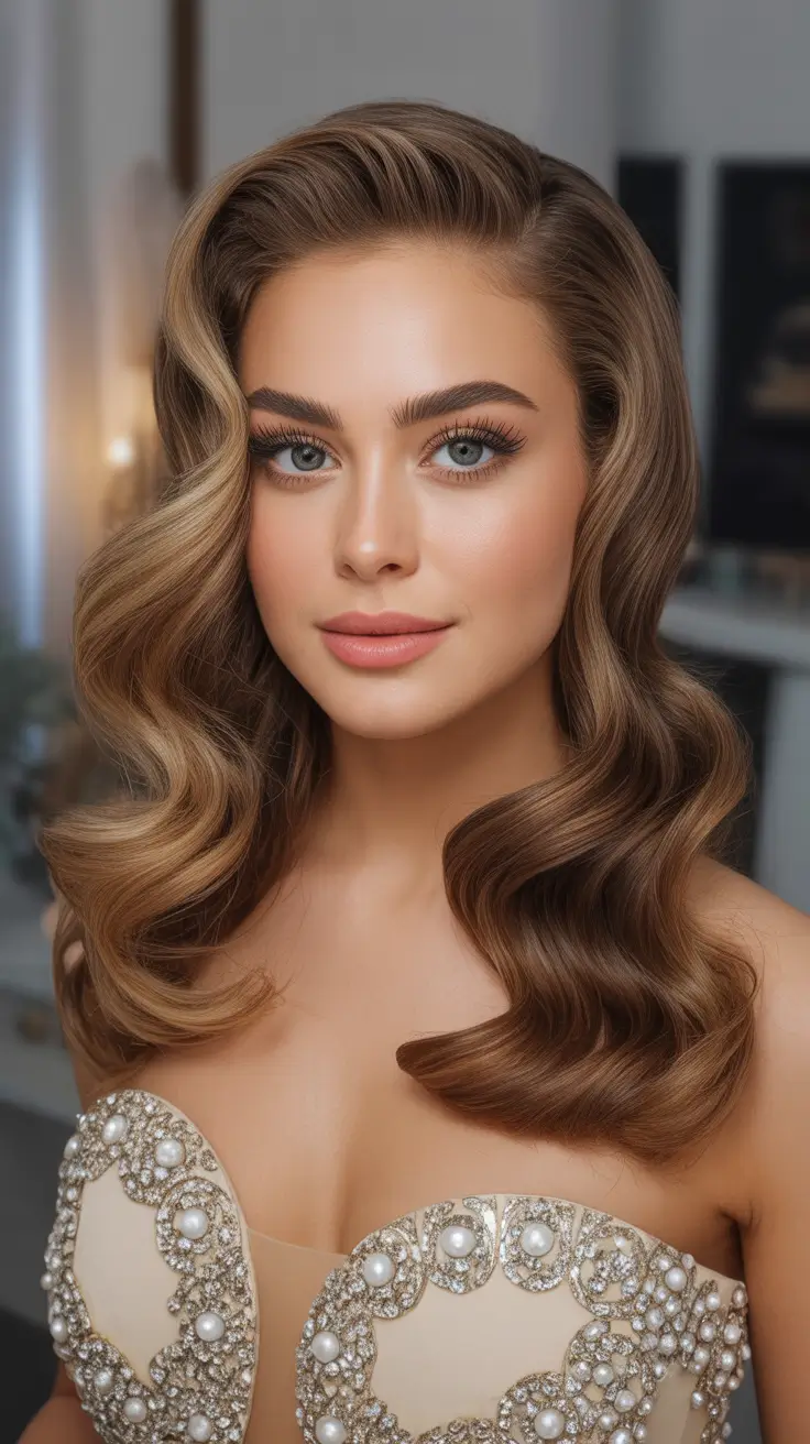 Curly Hairstyle Ideas 2026 Glossy Side-Parted Hollywood Curls