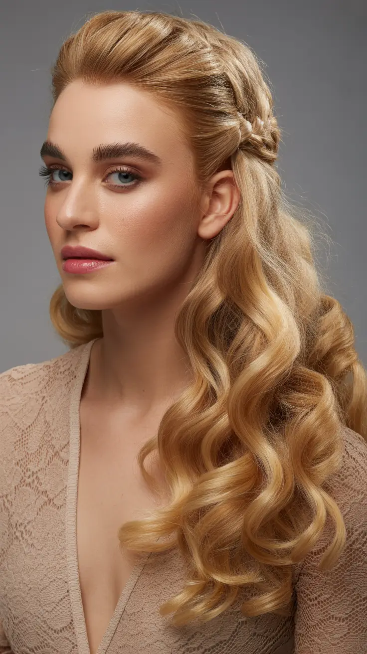 Curly Hairstyle Ideas 2026 Goddess Waves with Braided Crown