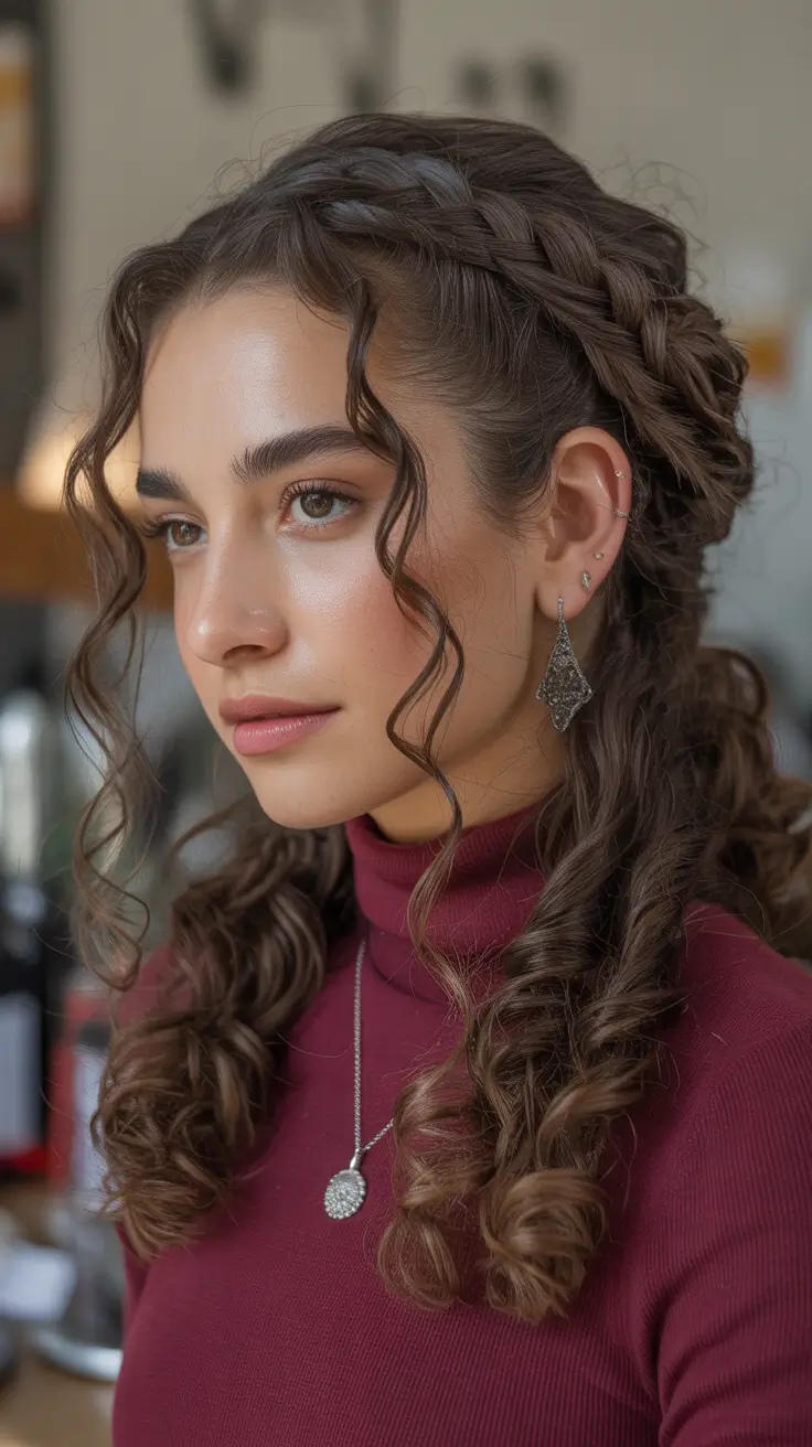 Curly Hairstyle Ideas 2026 Boho Braided Curly Half Up