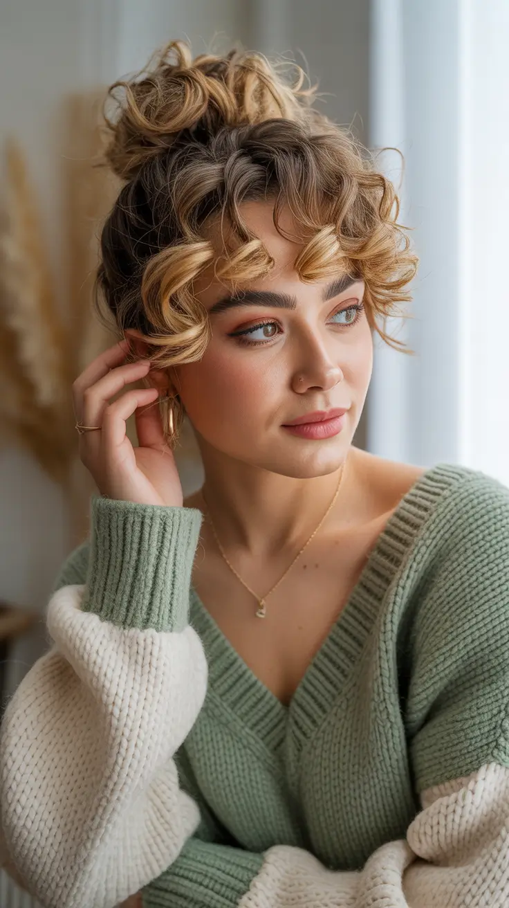 Curly Hairstyle Ideas 2026 Soft Fringe Bun