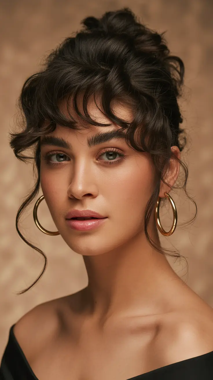 Curly hair Romantic Curly Updo with Bangs