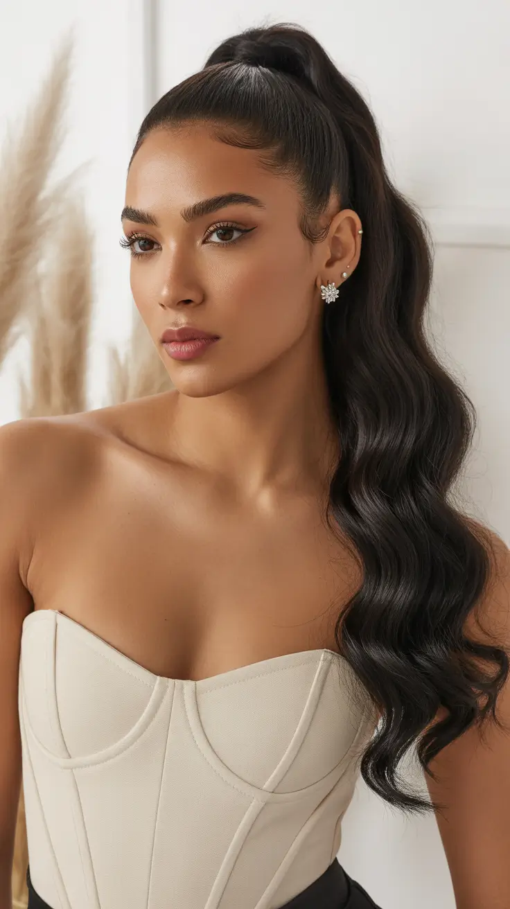 Simple Long Wavy High Ponytail With Sculpted Edges