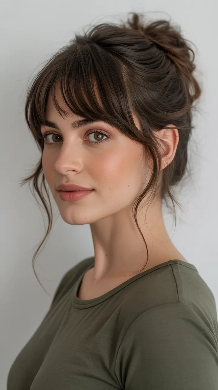 Simple Messy Bun With Wispy Curtain Bangs