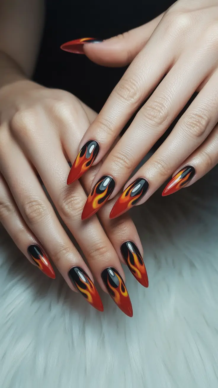 21-stylish-gel-nails-2026-Black-Flame-Art-With-Fiery-Tips