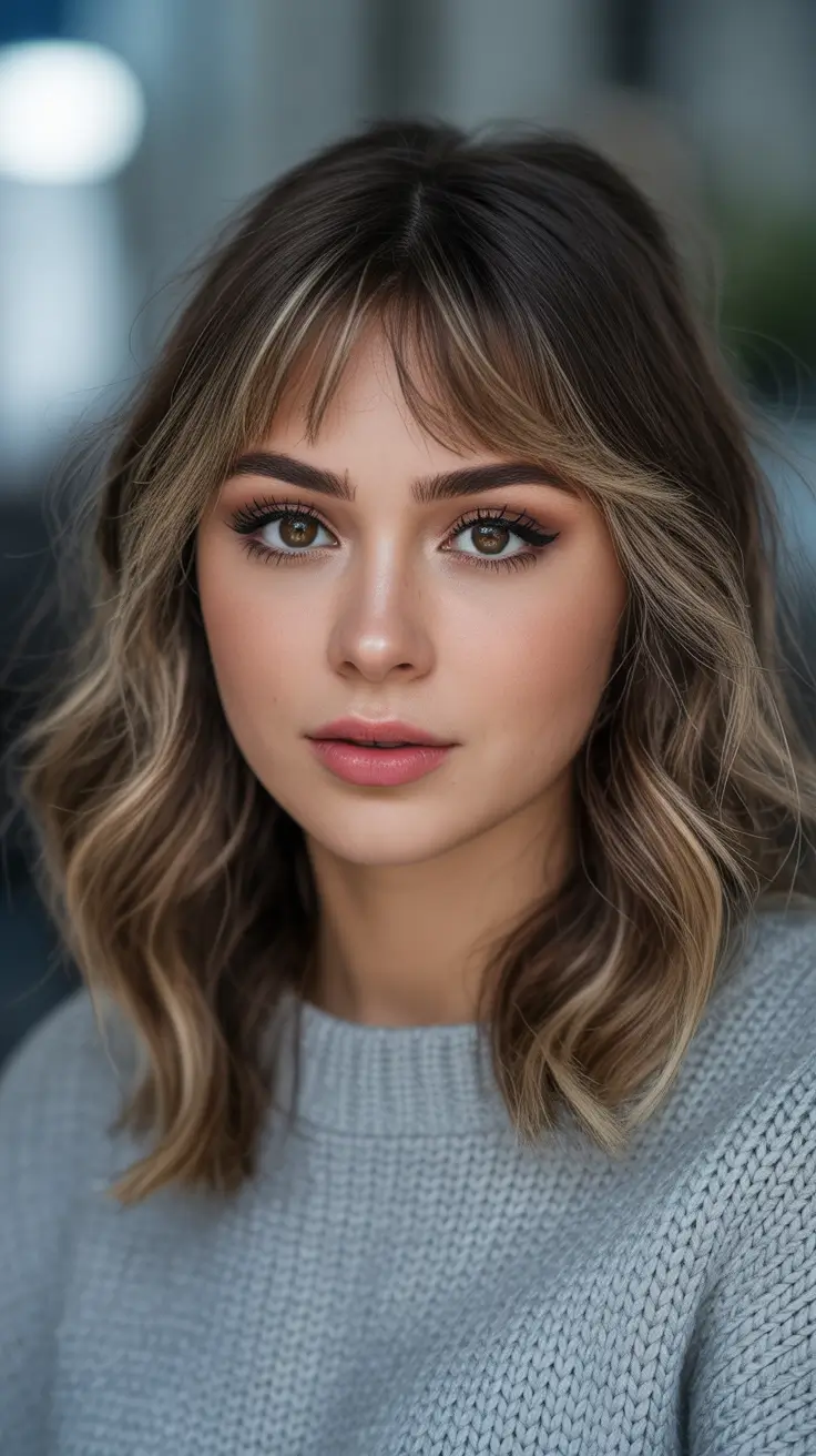 Lob Wavy Hair Blended Highlighted Lob With Curtain Bangs