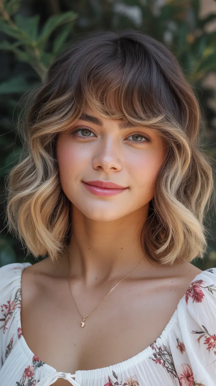 Medium Warm Brunette Lob With Soft Curly Ends