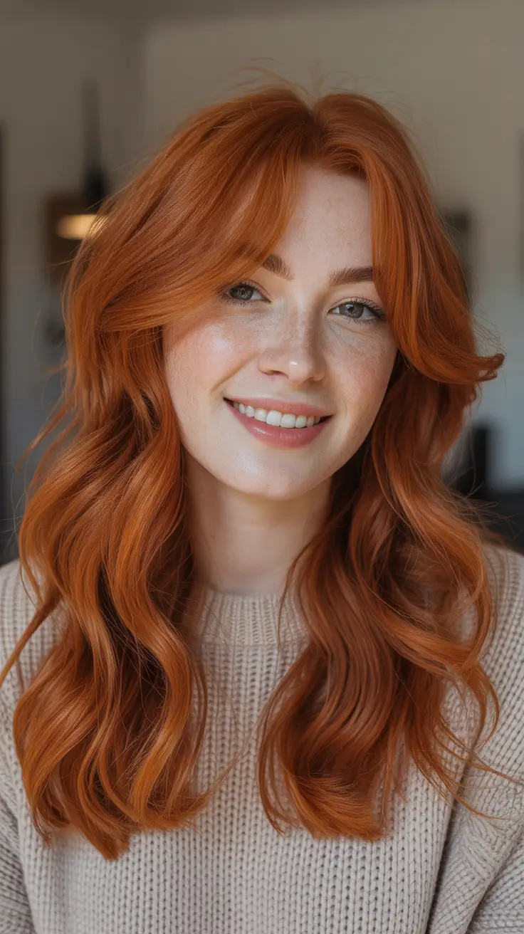 Trendy Voluminous Copper Waves with Soft Curtain Flow