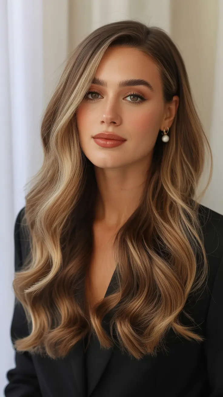 Trendy Soft Side-Parted Waves with Dimensional Bronde Highlights