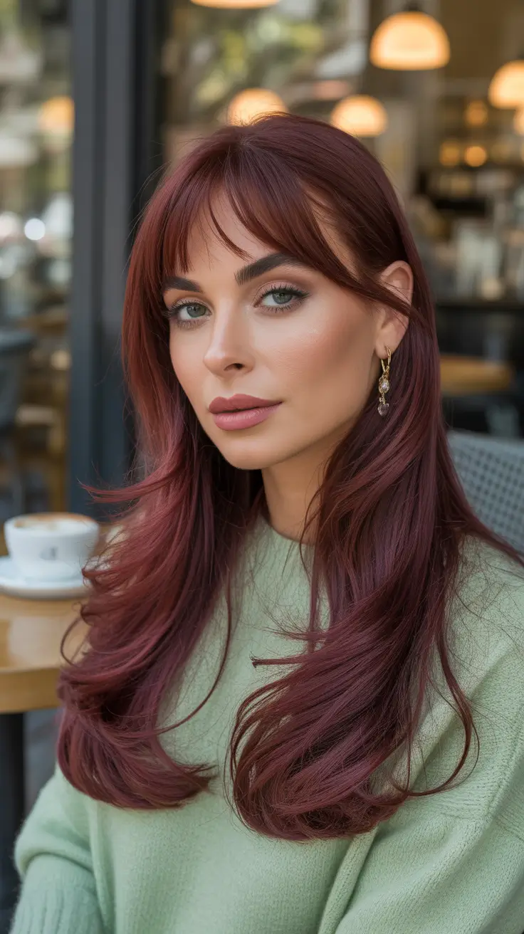 Trendy Plum-Rose Cascading Layers with Windswept Curves