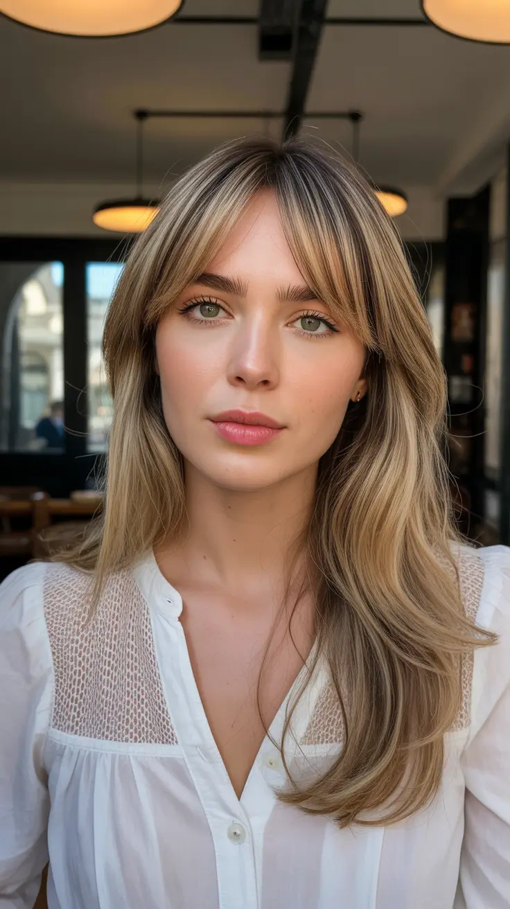 Trendy Soft Blonde Layers with Airy Curtain Fringe