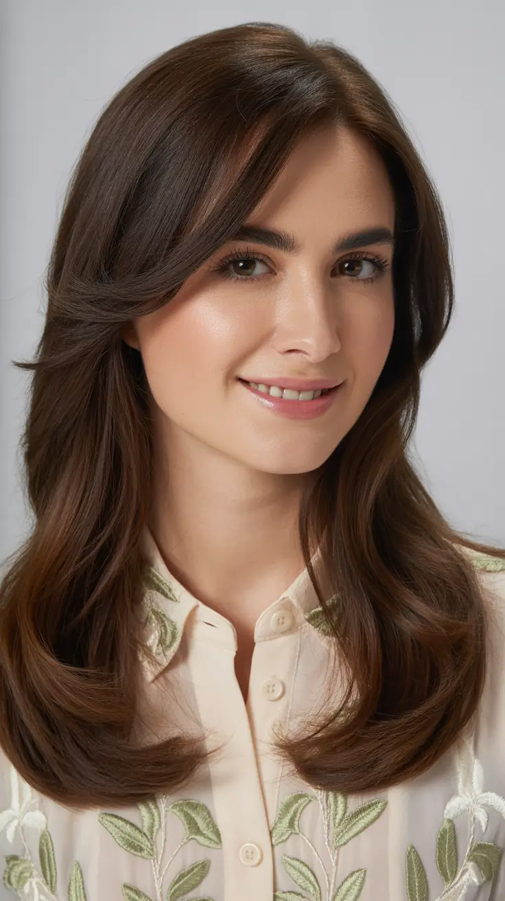 Trendy Refined Brunette Layers with Delicate Front Cut Detailing