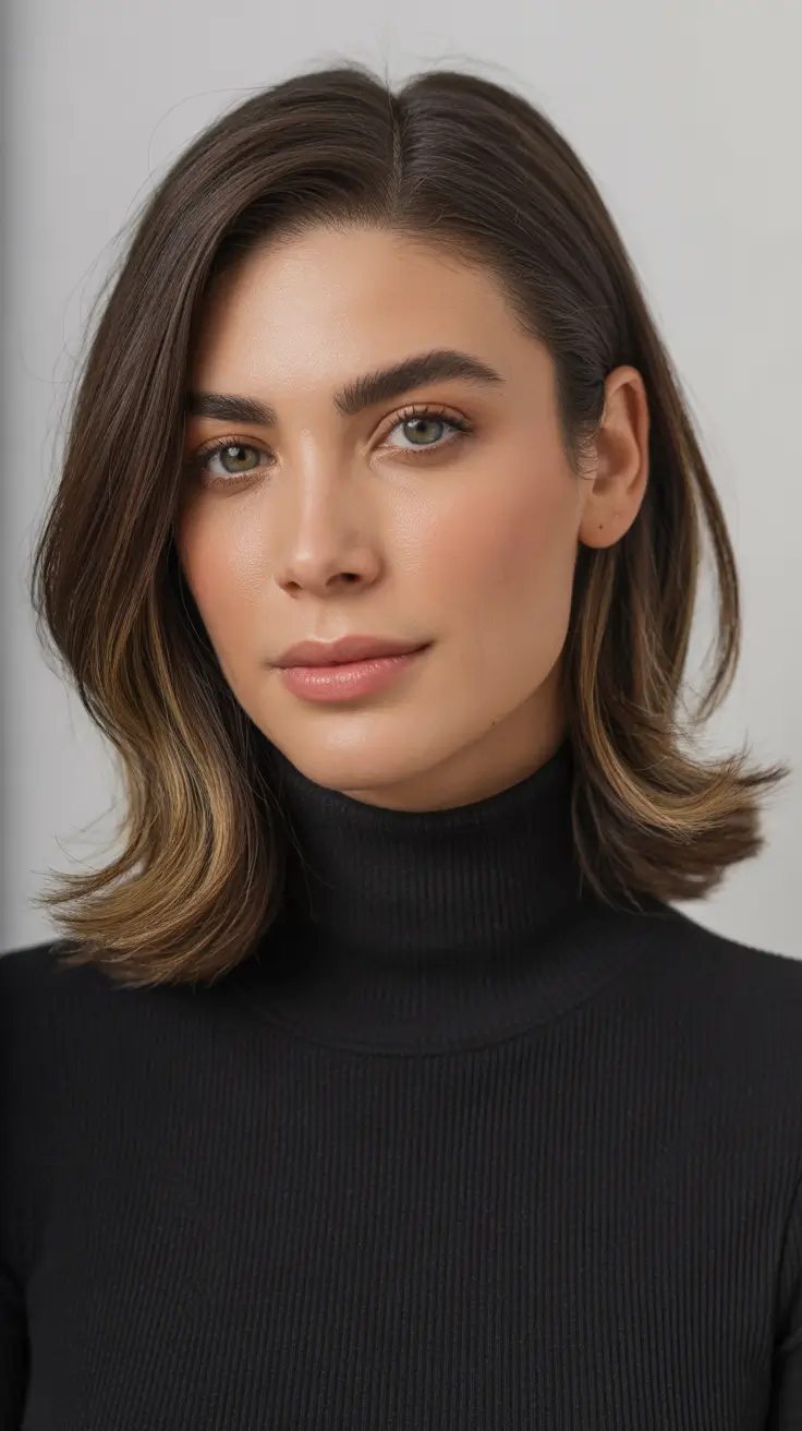 Choppy layered Modern Choppy Lob with Caramel Highlights