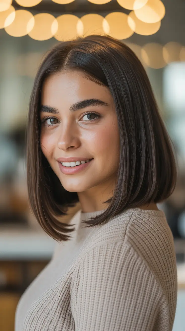 Medium Glossy Brunette Contour Bob With Soft Ends