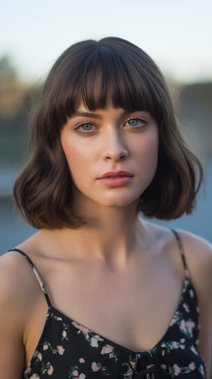 Short Soft Wavy Bob With Full Blunt Bangs