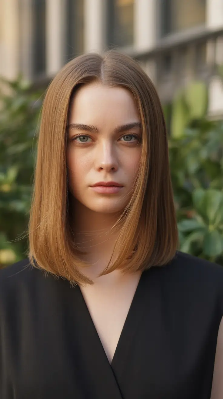 Medium long Straight Mid-Length Cut With Clean Center Part