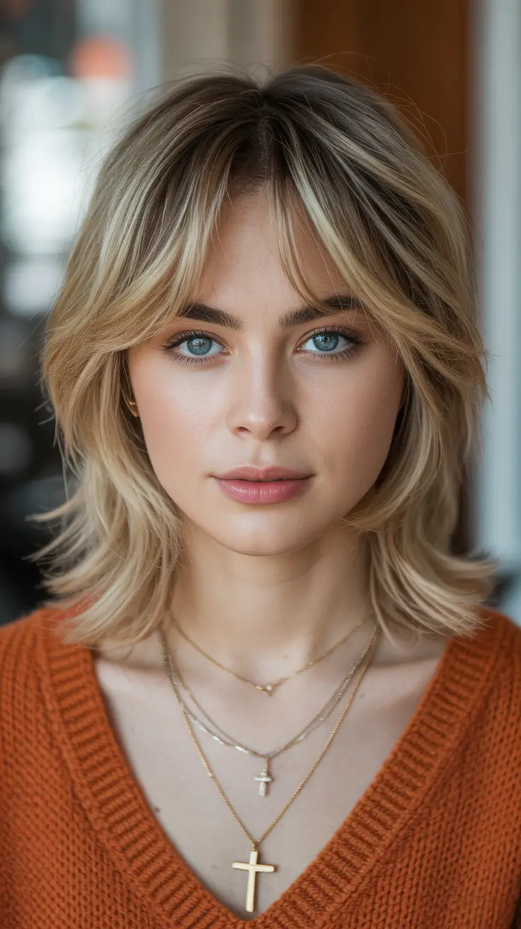 Medium shoulder length Medium Blonde Shag With Soft Curtain Bangs