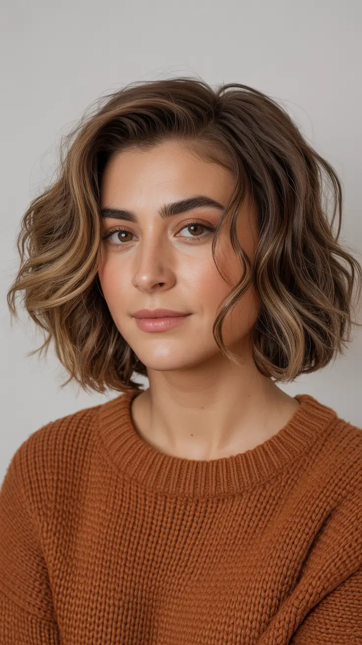 Short brunette wavy bob haircut 2026