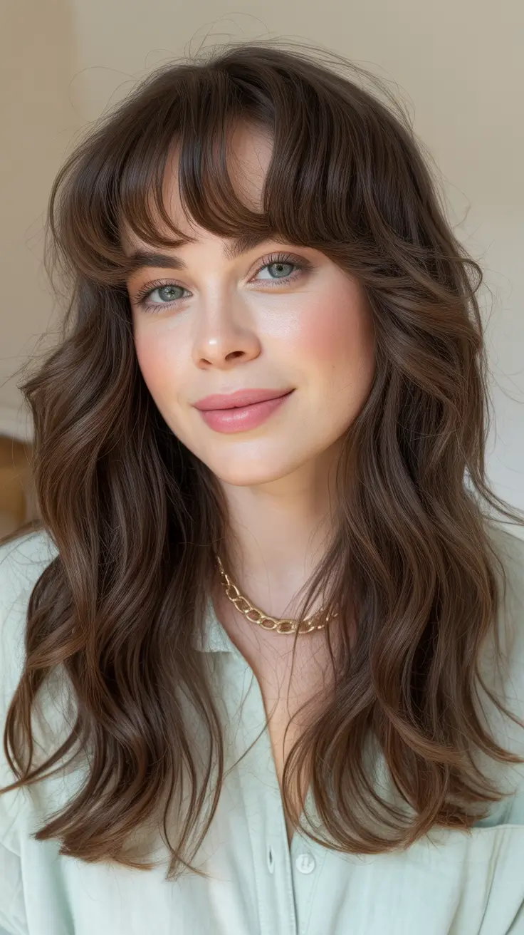 Long layered wavy haircut with bangs 2026