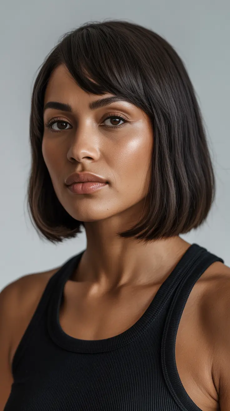 Haircut ideas for women over 40 2026 Soft Blunt Bob with Side Bangs