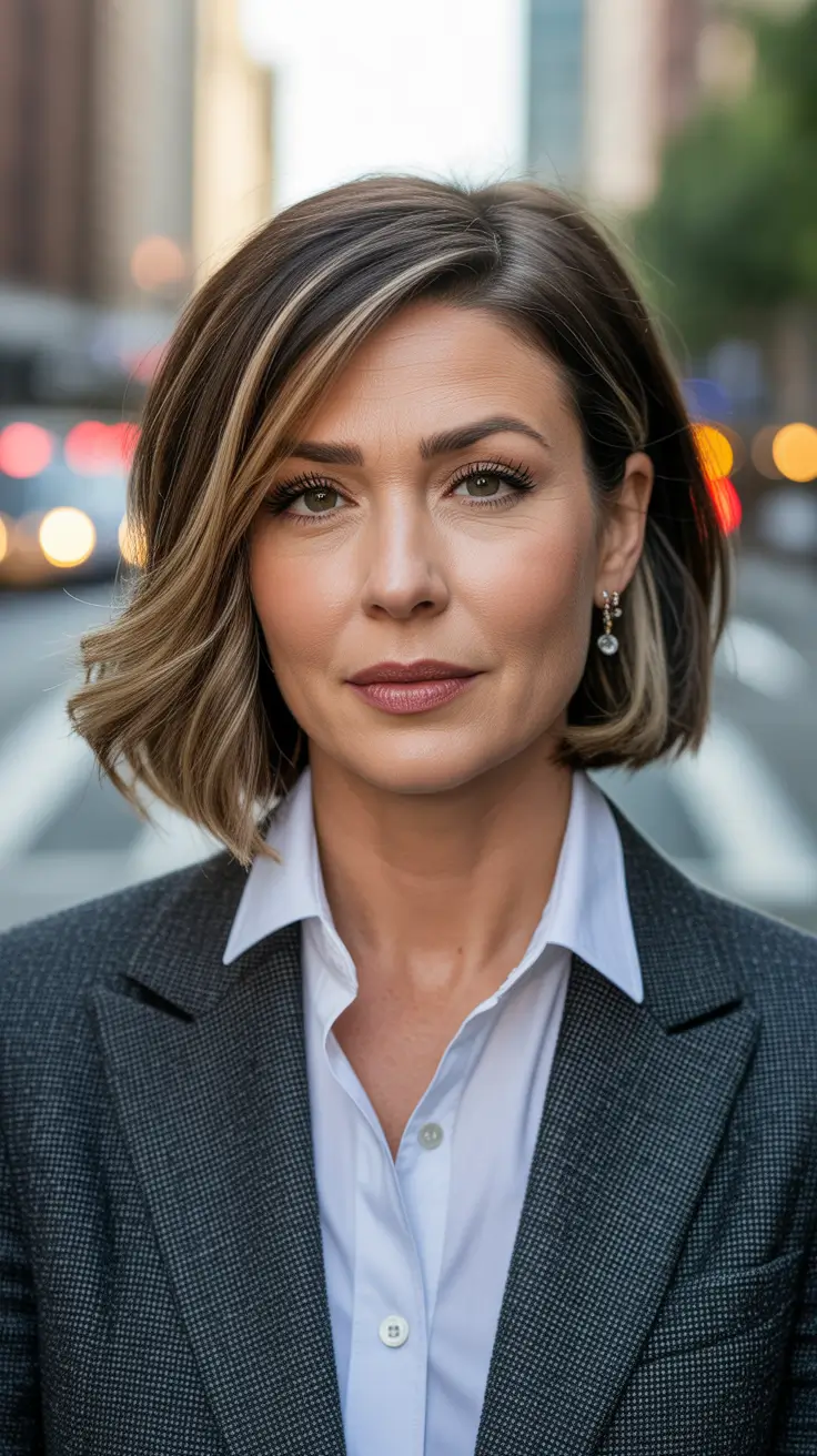 Haircut ideas for women over 40 2026 Chic Angled Lob with Highlights