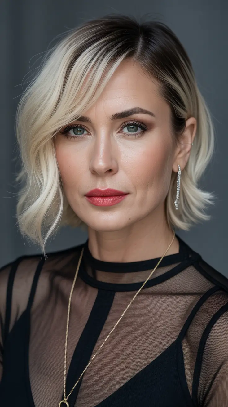 Haircut ideas for women over 40 2026 Soft Platinum Bob with Side Waves
