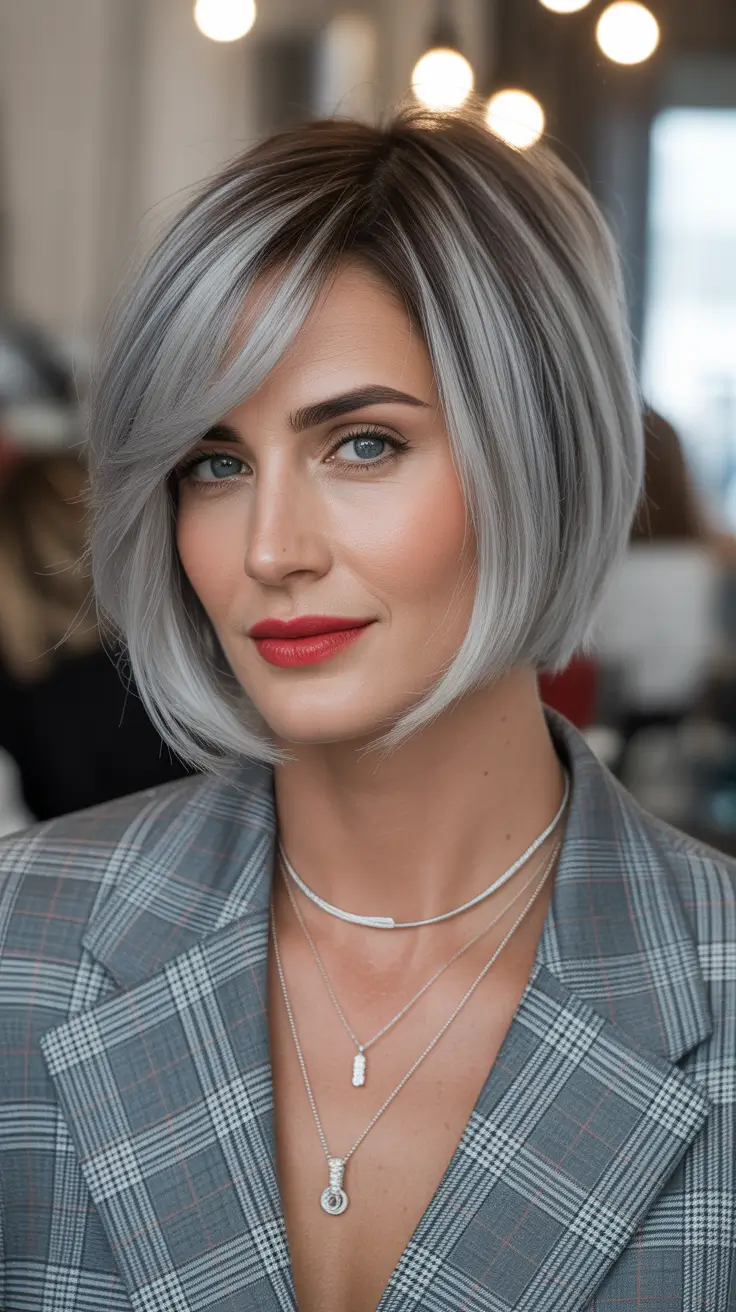 Haircut ideas for women over 40 2026 Silver Luxe Bob with Volume