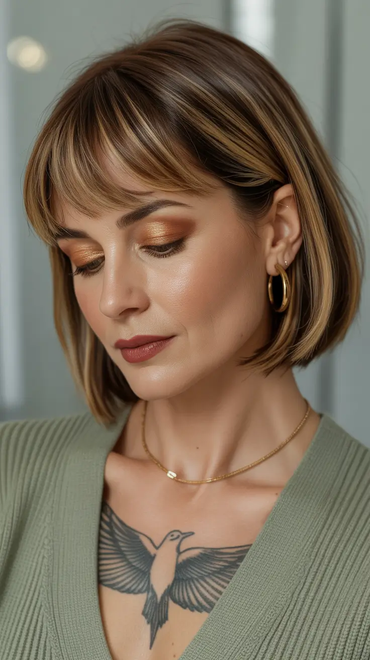 Haircut ideas for women over 40 2026 Golden Honey Bob with Blunt Bangs