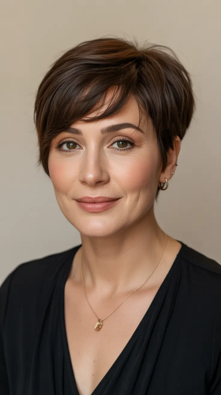 Haircut ideas for women over 40 2026 Classic Tapered Pixie with Side Fringe