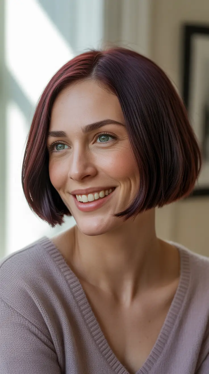 Haircut ideas for women over 40 2026 Plum-Tinted Chin-Length Bob