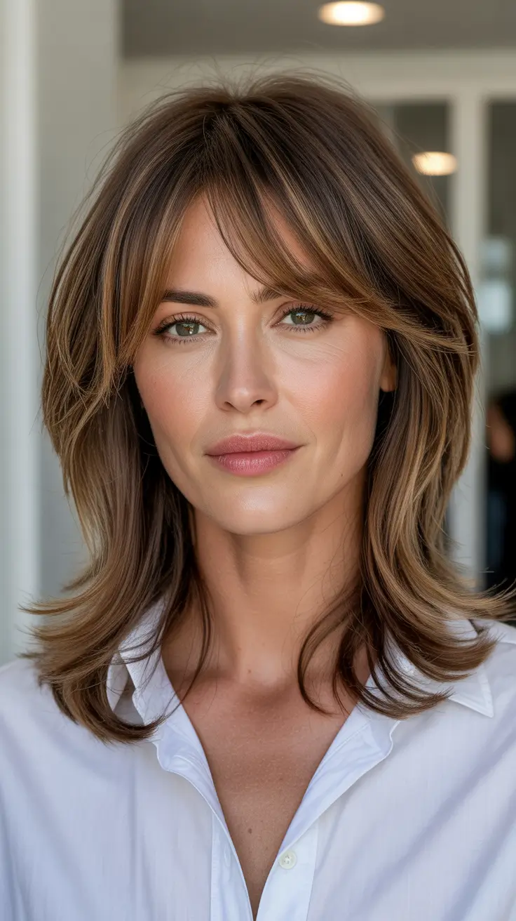 Haircut ideas for women over 40 2026 Mid-Length Shag with Curtain Bangs