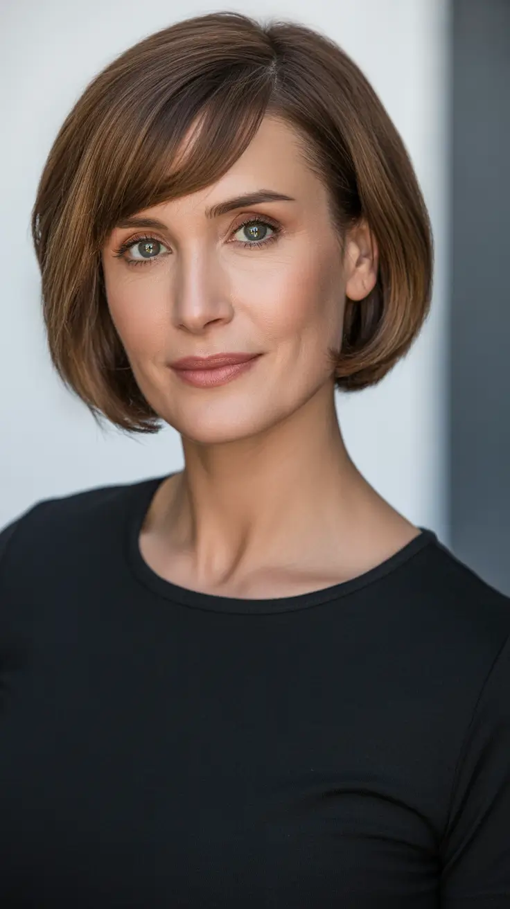 Haircut ideas for women over 40 2026 Polished Rounded Bob with Side Part