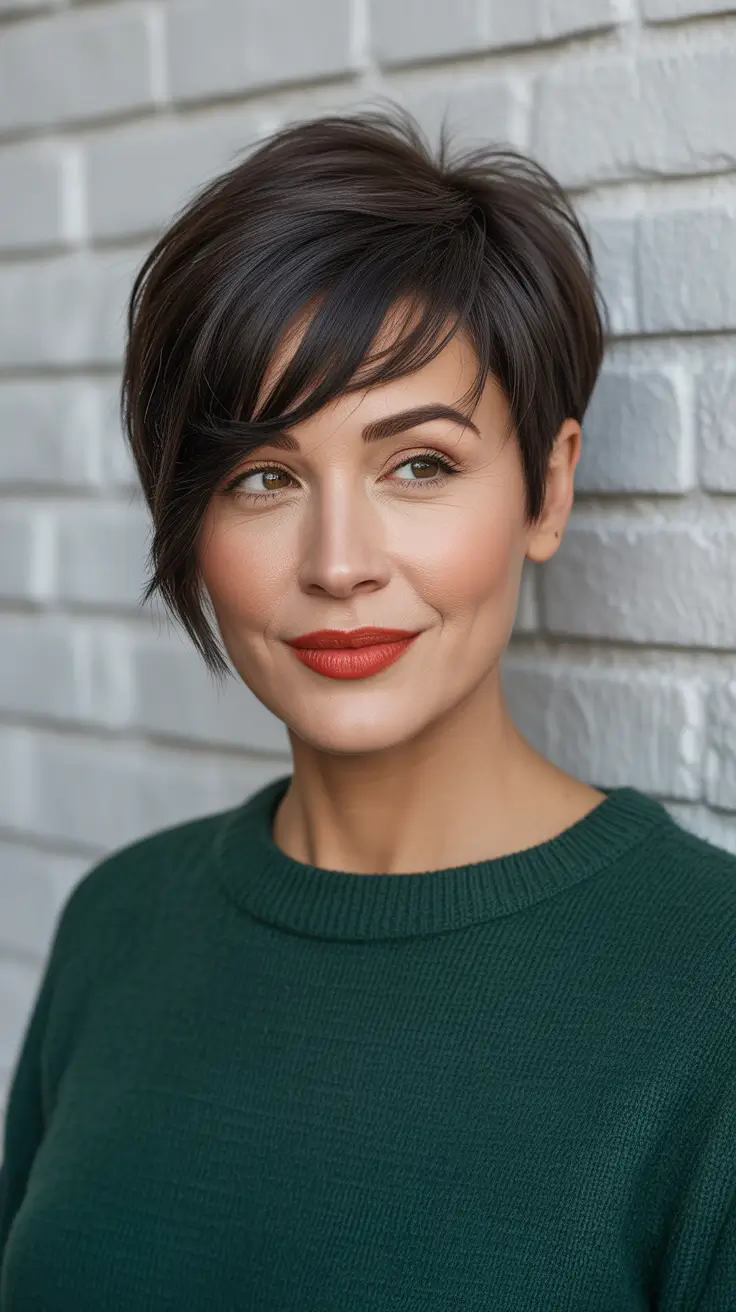 Haircut ideas for women over 40 2026 Asymmetrical Pixie with Long Bangs