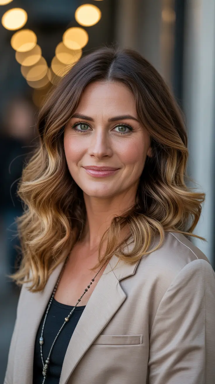 Haircut ideas for women over 40 2026 Soft Glam Waves with Subtle Balayage