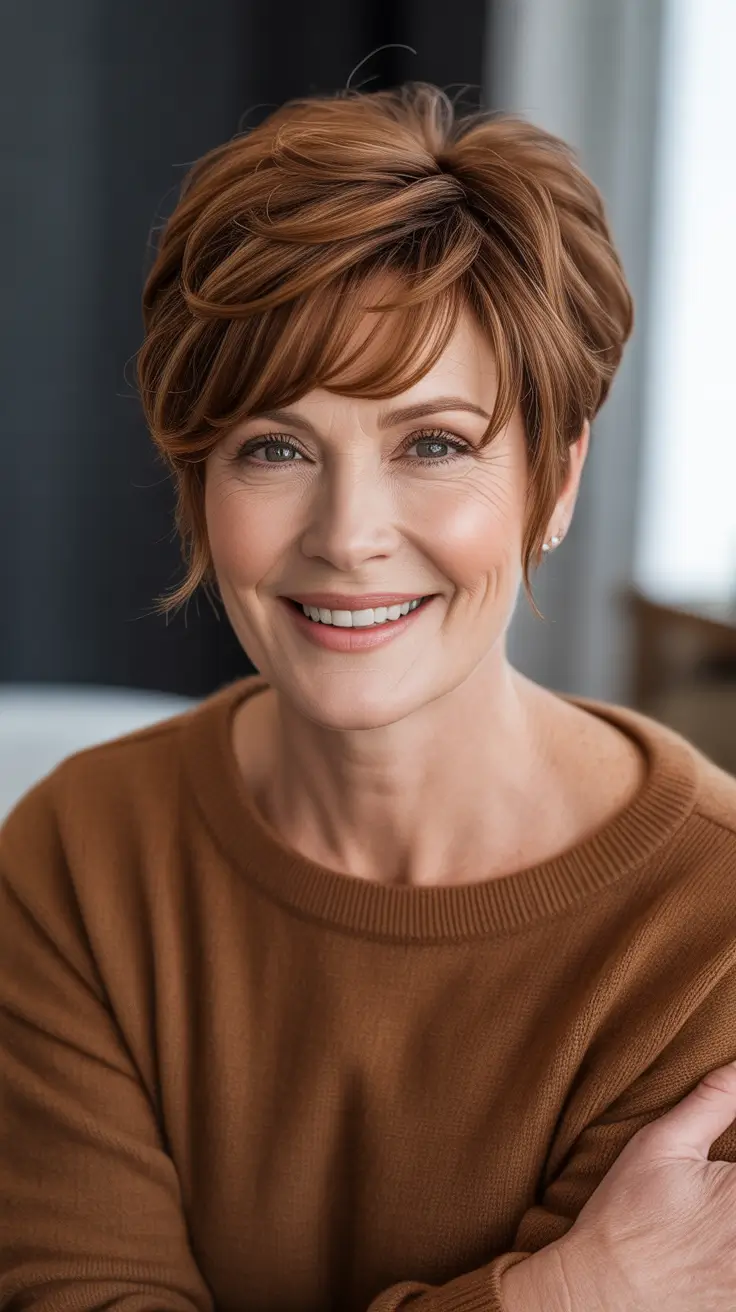 Haircut ideas for women over 50 2026 Short Auburn Pixie