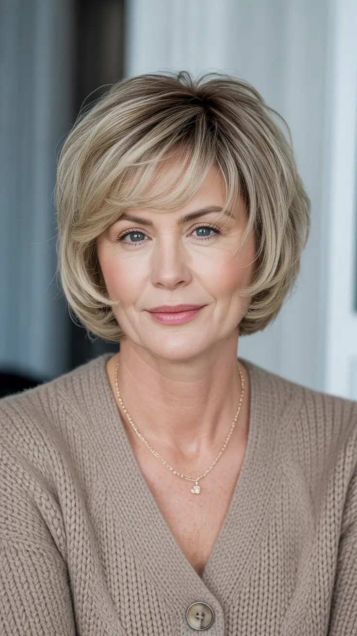 Haircut ideas for women over 50 2026 Soft Blonde Layered Bob