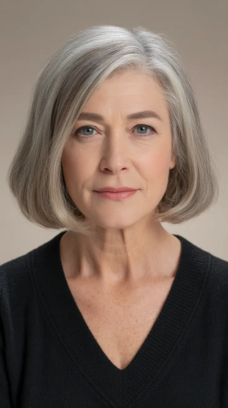chin length gray bob with side part