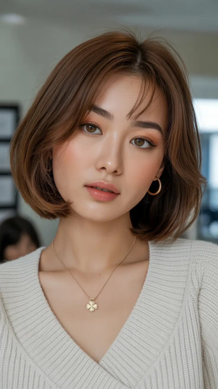 Cool haircut inspo 2026 Soft Rounded Bob with Warm Brown Tones