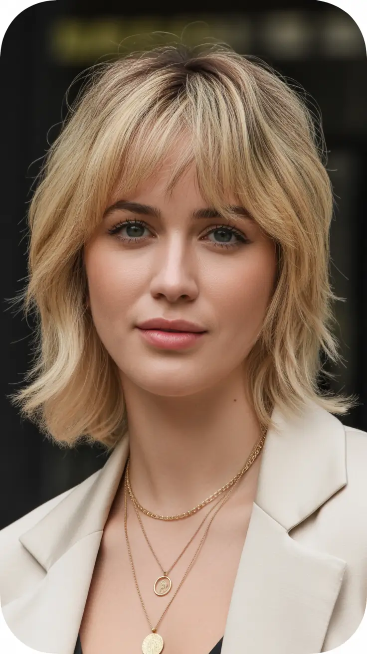 Short bob haircut with bangs Choppy Short Bob with Feathered Bangs
