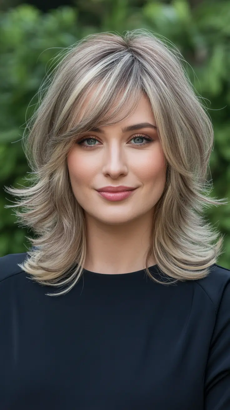 Long layered haircut with bangs Cool Ash Blonde Layers