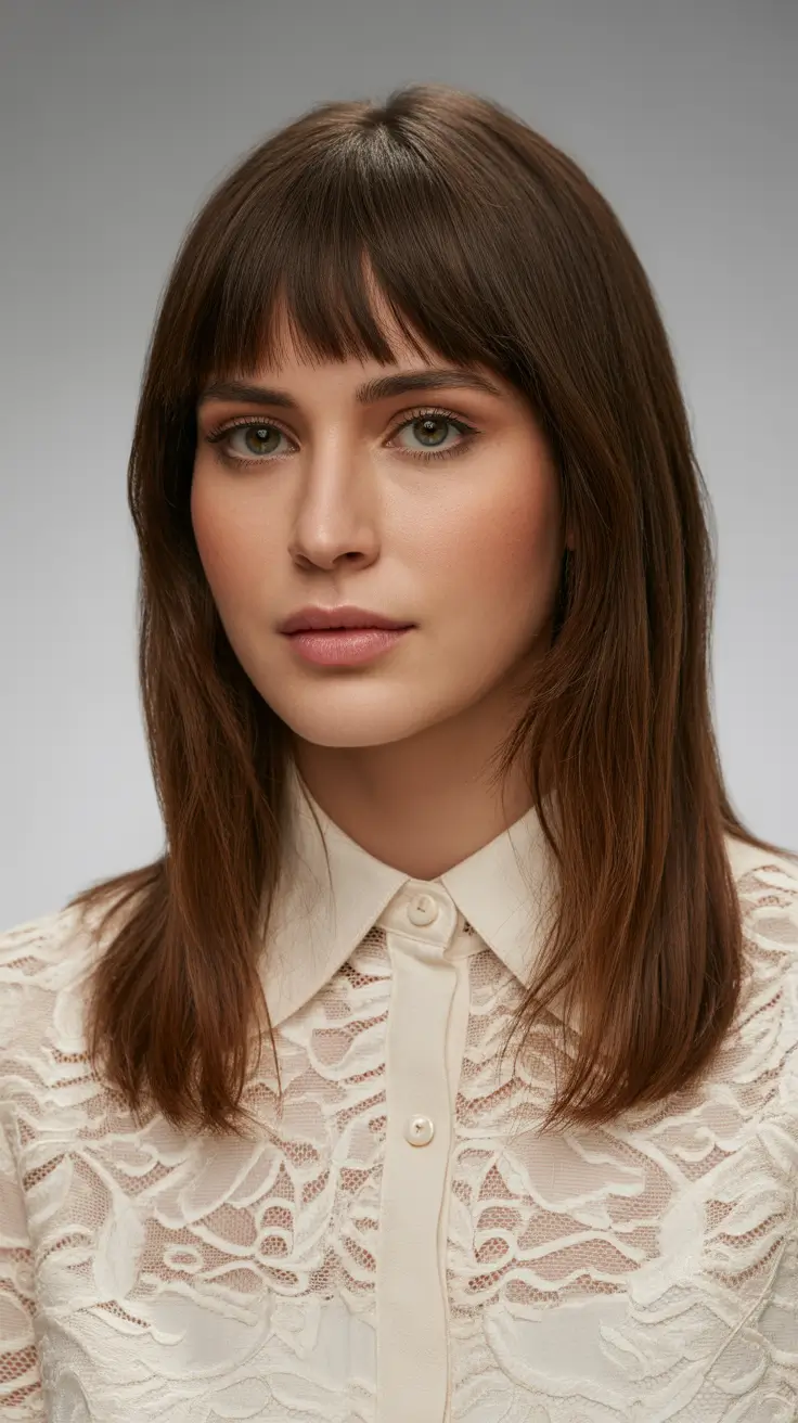 Long shag haircut with bangs Chocolate Brown Long Shag