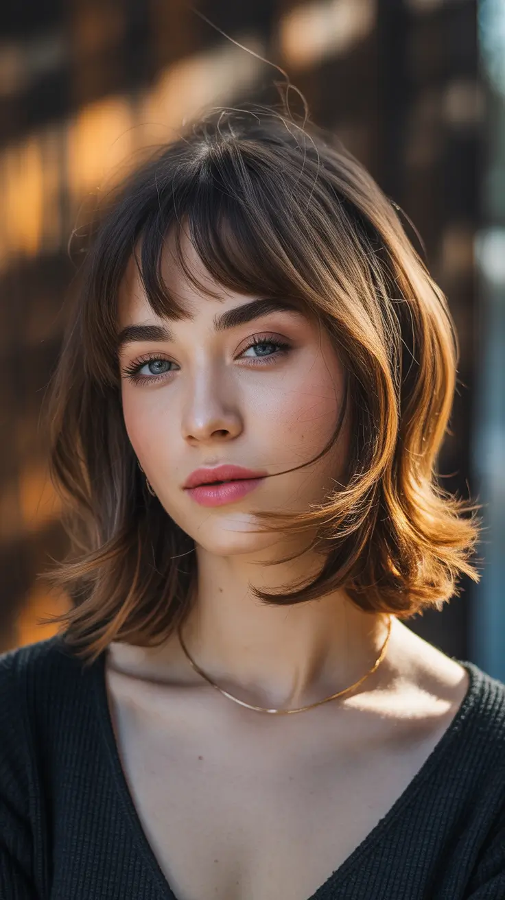Long bob haircut with bangs Soft Chestnut Lob