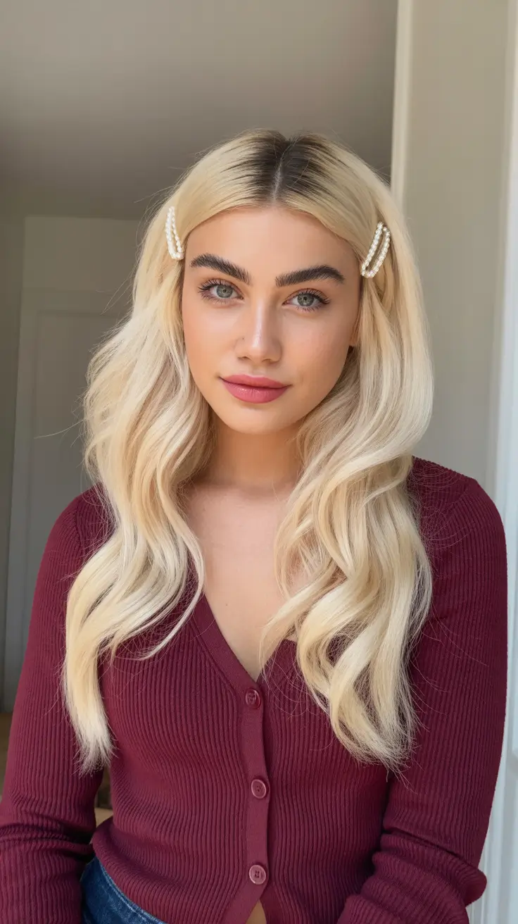 Hairstyles for long hair 2026 Soft Blonde Waves With Pearl Barrettes